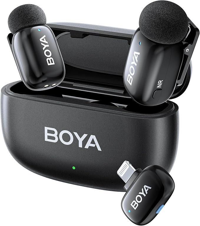 BOYAMINI Wireless Lavalier Lapel Microphone for iPhone 14/13/12,MFi Certified Lightning Port,Noise Reduction External Mics,30H Battery Life,Charging Case, Voice Changer for Vlog Podcast Record