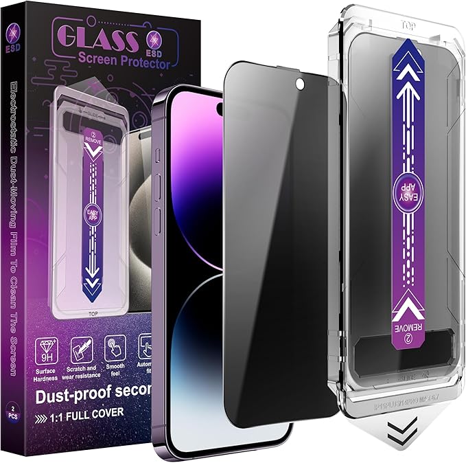 CHISHA 2-Pack Privacy Screen Protector for iPhone 16 Plus and iPhone 15 Plus and iPhone 14 Pro Max 6.7-Inch, Auto Dust Removal, No Bubbles,Anti-Spy Tempered Glass Film, Easy Installation
