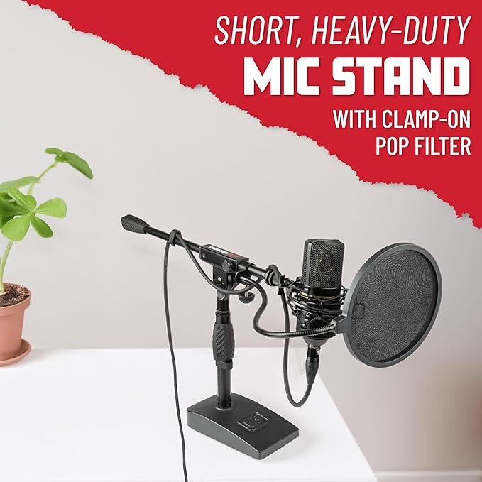 Gator Frameworks Short Weighted Base Microphone Boom Arm Stand with Clamp-On Single Layer Pop Filter (GFW-MIC0821-POP), Black
