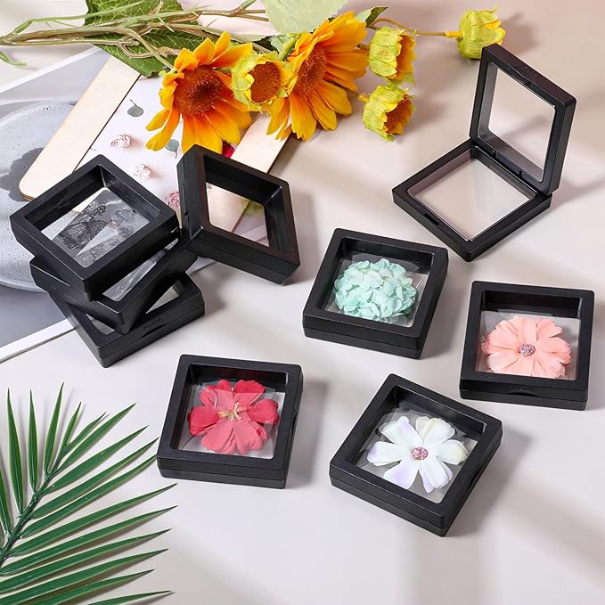 60 Pcs 3D Floating Display Case, Coin Display Case Black, 2.8 x 2.8 x 0.8 Inch Coin Frame Display-Holder Stands 3D Floating Jewelry Frame for Jewelry Shells Specimen Pins