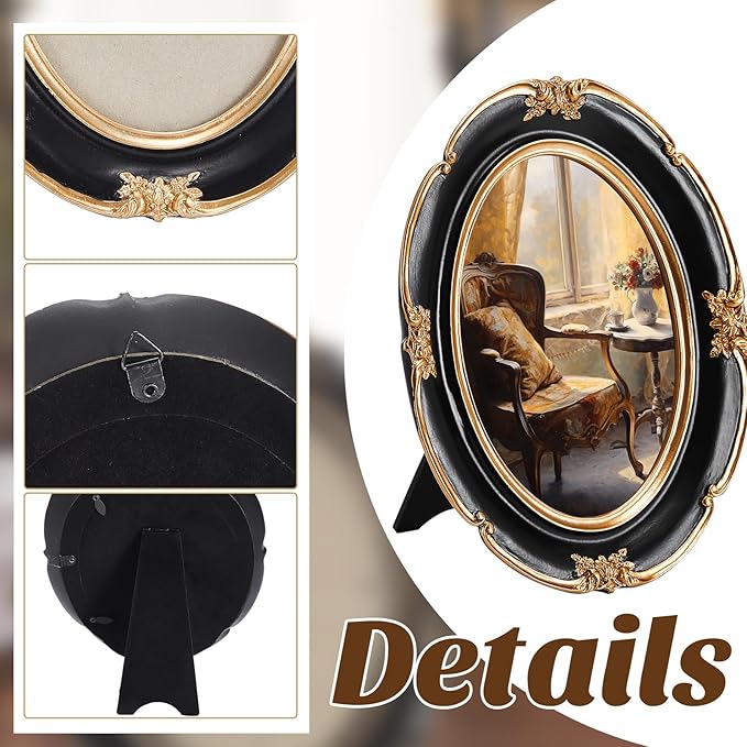 3 Pcs Black Vintage Picture Frame Set Antique Oval Picture Frames 4x6, 5x7 Inch Baroque Photo Ornate Frames with Glass Gift for Tabletop Hanging Wall Art Wedding Home(Vintage Style)
