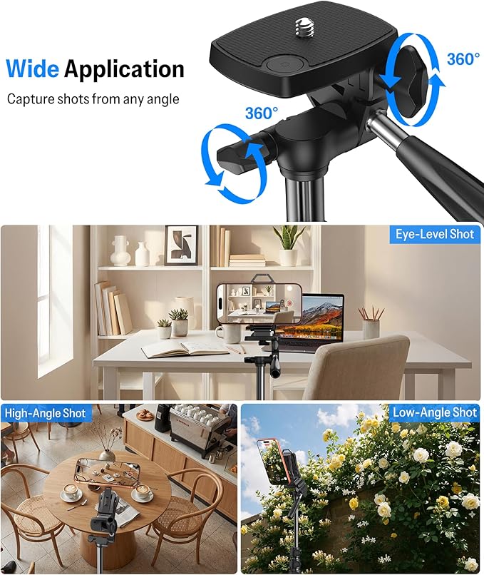 OMOTON TS01 65" Magnetic Phone Tripod for iPhone & Camera, Cell Phone Stand with Remote, Stable Height Adjustable Multi-Angle Shot Selfie Stick Tripod for Video Recording, Live Streaming, Black Set