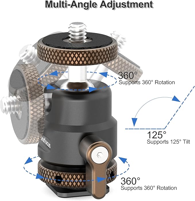 MINIFOCUS Mini Ball Head, Metal Tripod Ballhead with 1/4" Cold Shoe Adapter, 360° Swivel 125° Tilt Ball Heads for Camera, Camcorder, Phone Holder, Max Load 11lb