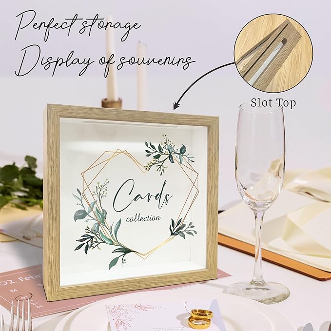 8" x 8" Card Collector Box Photo Frame - Greenery Pattern Wood Keepsake - Everything I Want to Remember - Display Collector Memory Box for Greeting Cards, Tickets,Invitation Keepsake Gift - A04