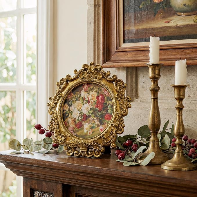 Cuspin Vintage Round Gold Picture Frame 4x4 Inch, Ornate Floral Resin Photo Frame with HD Glass, Antique Style Small Picture Frame for Tabletop or Wall Display, Retro Decorative Frame for Home Decor