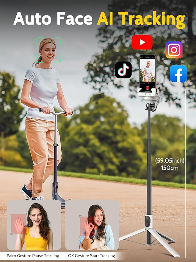 AOCHUAN Auto Face Tracking Tripod 360 Rotation w/Remote Control,Single-axis Phone Gimbal for iPhone Android w/RGB Light,Phone Tripod Follow You for Video Recording,TikTok Vlogging(M2Pro White)