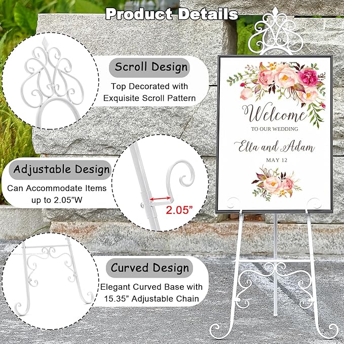 59" H Metal White Easel Stand for Sign, Large Adjustable Free Standing Scroll Display Easel for Wedding Sign Mirror Picture Poster Holder Showcasing