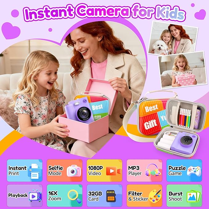 Kids Camera Gift for Girls: Selfie Digital Instant Print Cameras HD Toys for Kids Teen Girls Boys Ages 3 4 5 6 7 8 9 10 12 Birthday Christmas Valentines Easter Gifts with 32G SD Card Purple