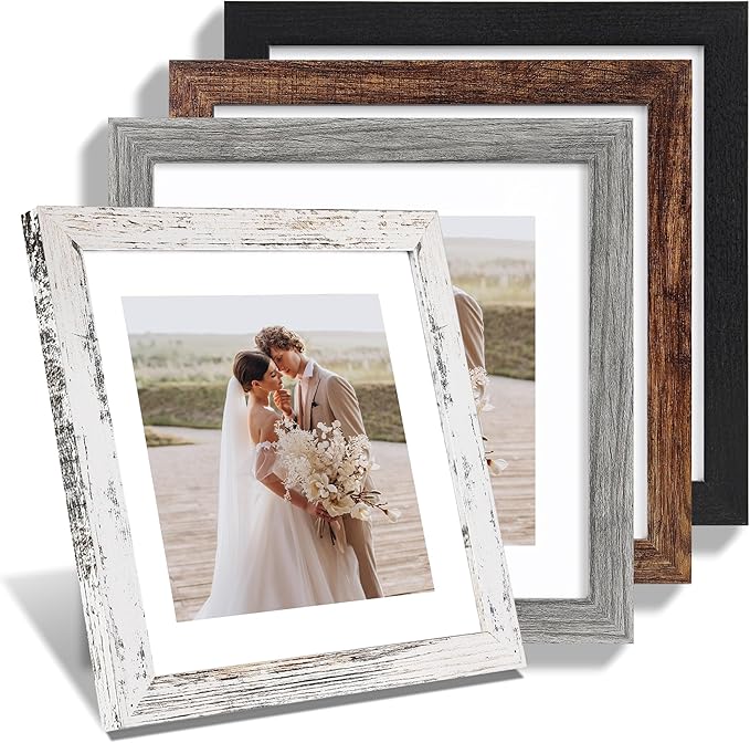 10x10 Picture Frame Set of 4, Made of Glass and Multicolour Wooden Frame, 10 by 10 Photo for Wall or Tabletop - Display Picture 8x8 with Mat or 10x10 Without Mat