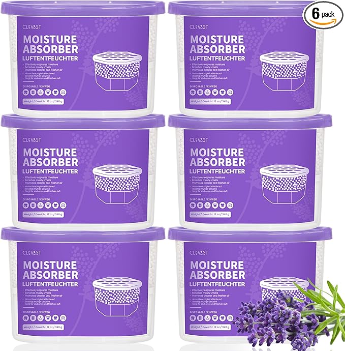CLEVAST Moisture Absorber Boxes 6 Pack, 12 Oz Dehumidifier for Closet & Bathroom, Humidity Absorber for Wardrobe, Bedroom, RV & Car, Moisture Control, Lavender Scented
