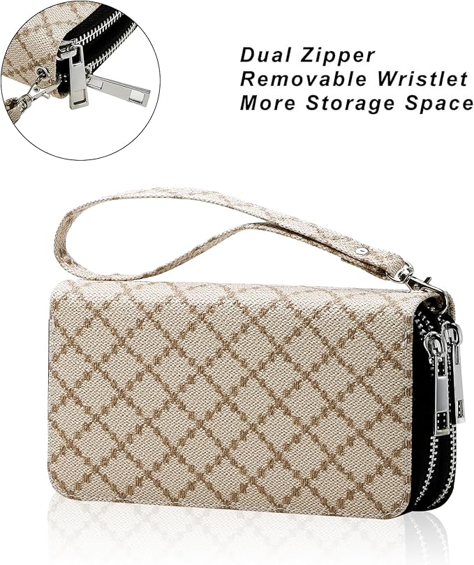 Cellphone Wallet for Women Dual Zipper Long Purse with Removable Wristlet