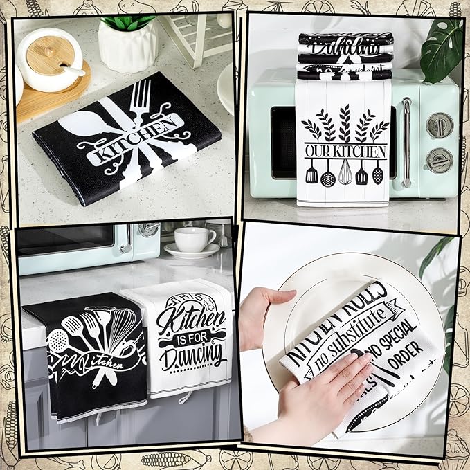 6 Pcs Kitchen Towels Decorative Set Chicken Rooster Dish Hand Towels Farmhouse Funny Quotes Chef Prints Tea Cloths for Home Bathroom Kitchen Decor Gifts(Black, White,Utensils)