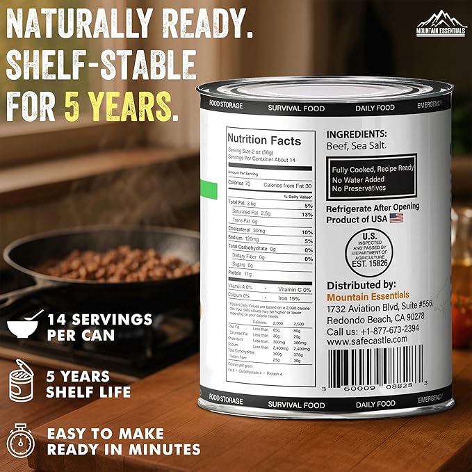 MOUNTAIN ESSENTIALS All Natural Canned Ground Beef 28 Oz Fully Cooked, Ready to Eat Hamburger Meat – Pantry Staple for Everyday Meals, Emergency & Survival – 5-Year Shelf Life – Made in USA – 12 Pack