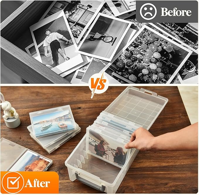 Photo Storage Box 5 x 7 Inches, 10 Inner Extra Large Photo Boxes with Dividers, Clear Acid-Free Photo Storage Containers with Handle, Photo Organizer Craft Keeper for Photo, Craft, Stamp etc