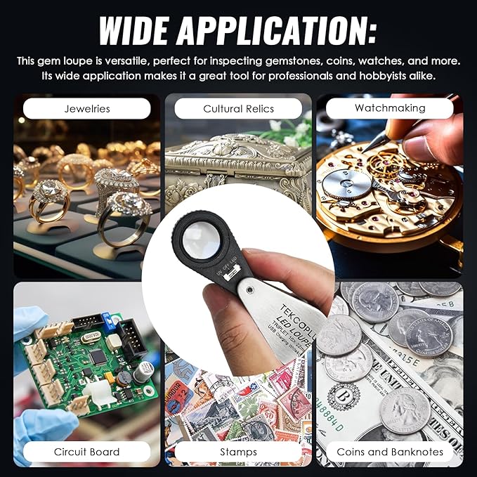 10x Jewelers Loupe Magnifier with UV & LED Lights, 22mm Triplet Lens Rechargeable Jewelers Loupe Foldable Jewelry Magnifier Portable Jewelry Magnifier Inspection Loupe for Gems, Jewelry, Coins, Rocks