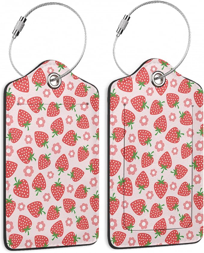 Strawberry Luggage Tags for Suitcase 2 Pack,Vintage Groovy Flowers Luggage Tag PU Leather Privacy Cover ID Label with Stainless Steel Loop for Women Men Teens Travel
