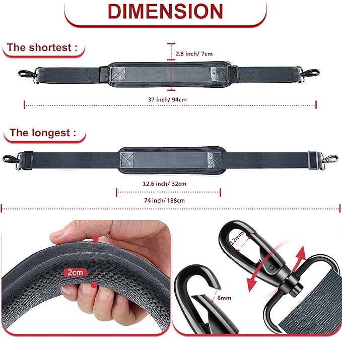 ZINZ 74" Shoulder Strap with Fixed Pad and Dual Balanced Buckles，Dark Gray