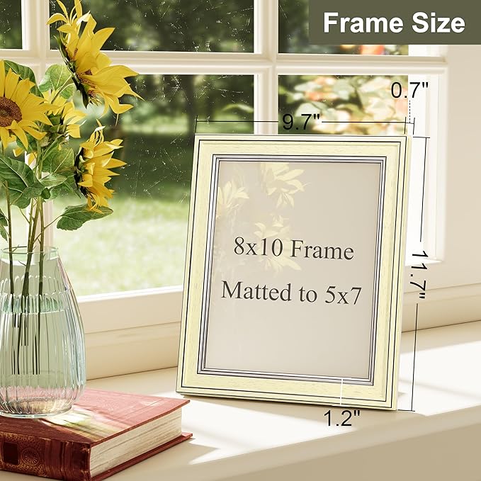 Vittanly 8x10 Picture Frame Set of 4, Vintage Photo Frame for Wall or Tabletop, Display 5x7 Pictures with Mat or 8x10 without Mat, Rustic Farmhouse Home Decor, Beige