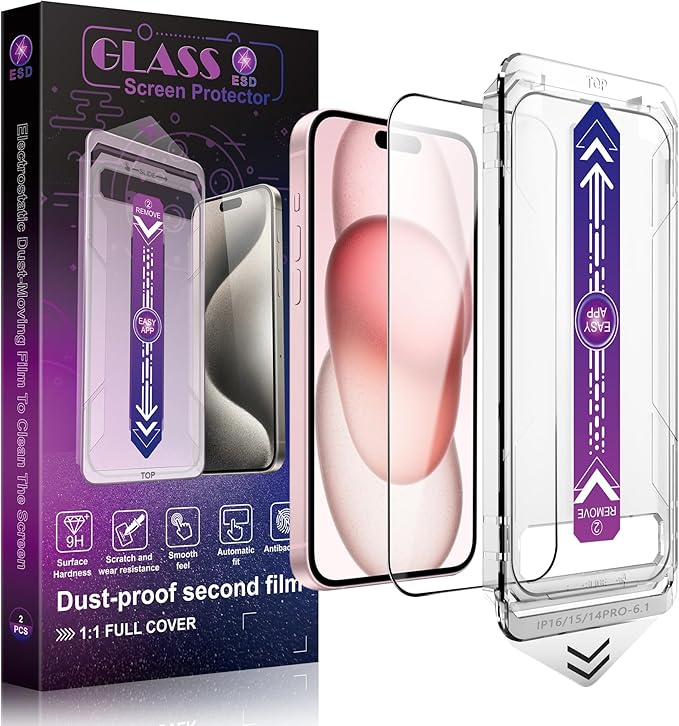 SHANG PIN JIA 2 Pack Screen Protector Tempered Glass for iPhone 16 for iPhone 15 for iPhone 14 Pro 6.1-Inch Auto Dust Removal, No Bubbles, High Definition Clear, Easy Installation