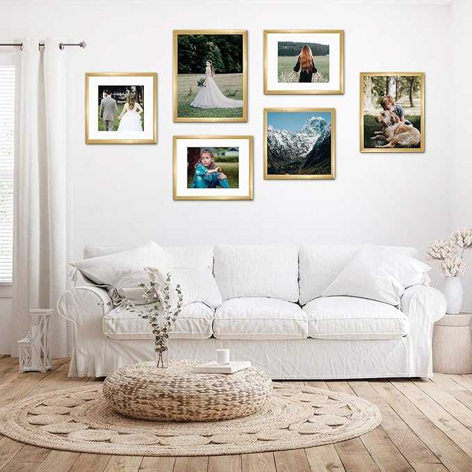 upsimples 8.5x11 Picture Frame Set of 10, Display Pictures 6x8 with Mat or 8.5x11 Without, Multi Photo Frames Collage for Wall or Tabletop Display, Gold