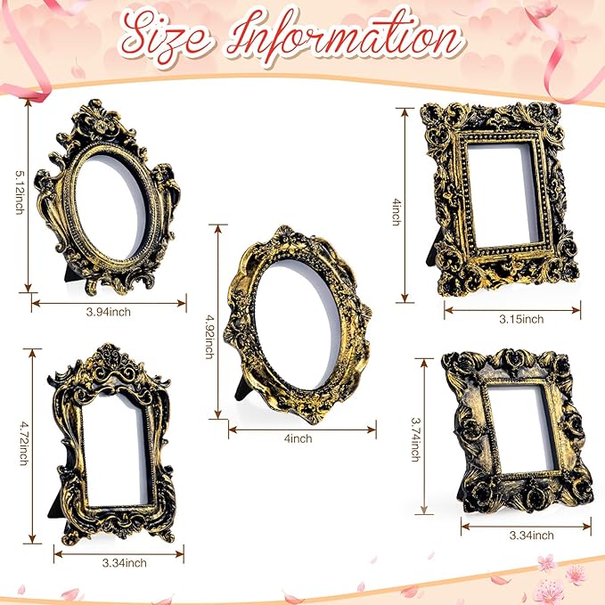 Maitys 5 Pcs Mini Picture Vintage Frames with Stands Tiny Antique Photo Baroque Ornate Resin Oval Frame Table Top Display Home Wedding Decor (Black Gold)