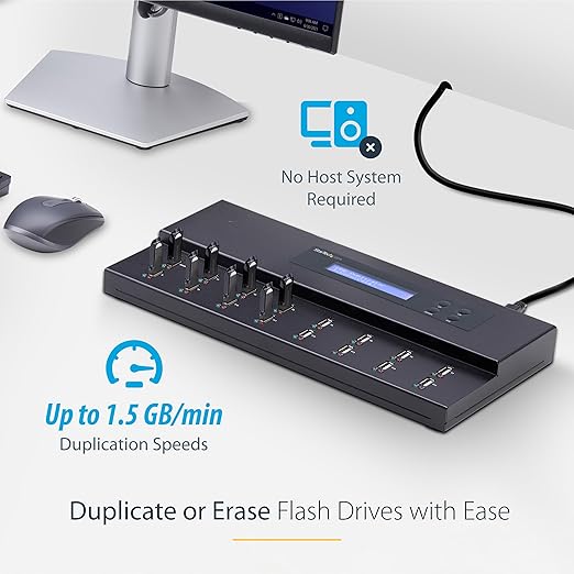 StarTech.com Standalone 1 to 15 USB Flash Drive Duplicator/Cloner/Eraser, Multiple USB Thumb Drive Copier / Sanitizer, System File / Sector-by-Sector Copy, 1.5 GB/min, 3-Pass Erase, LCD, TAA