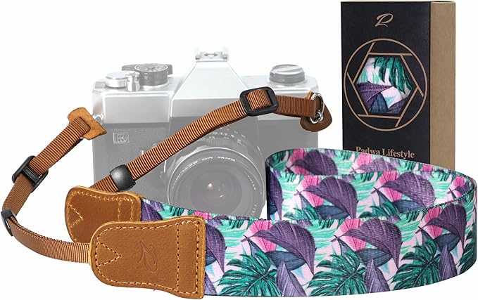 Padwa Lifestyle Camera Strap - 1.5" Soft Nylon Print Crazy Horse Cowhide Head Camera Straps for Photographers and All Cameras,Cute Adjustable Vintage Woven Strap for Adults & Kids(Green Leaf)
