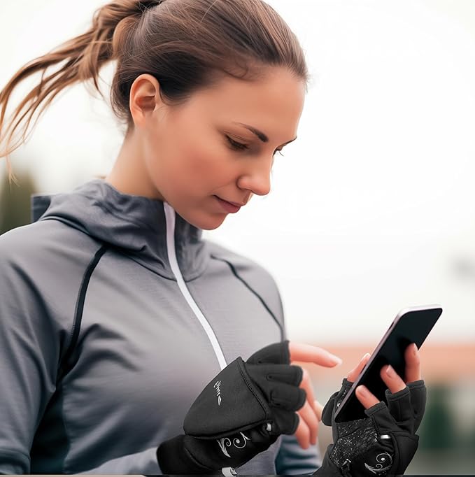 EZPACE Convertible Running Mittens for Women Cold Weather Fingerless Gloves Warm for Winter