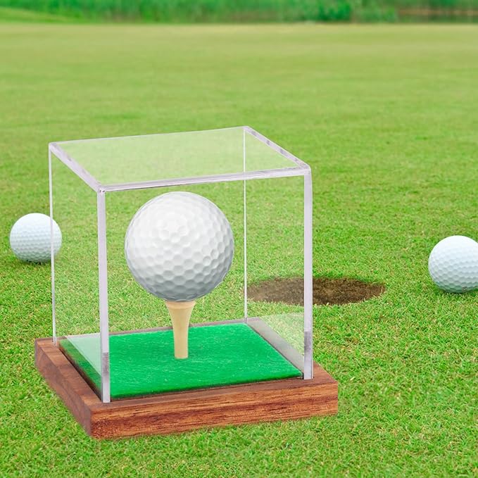 Hooqict Golf Ball Display Case Clear Acrylic Golf Ball Case Display with Wood Base & Tee Ball Holder Stand UV Protected Square Cube Box Single Ball Storage Golfball Collections