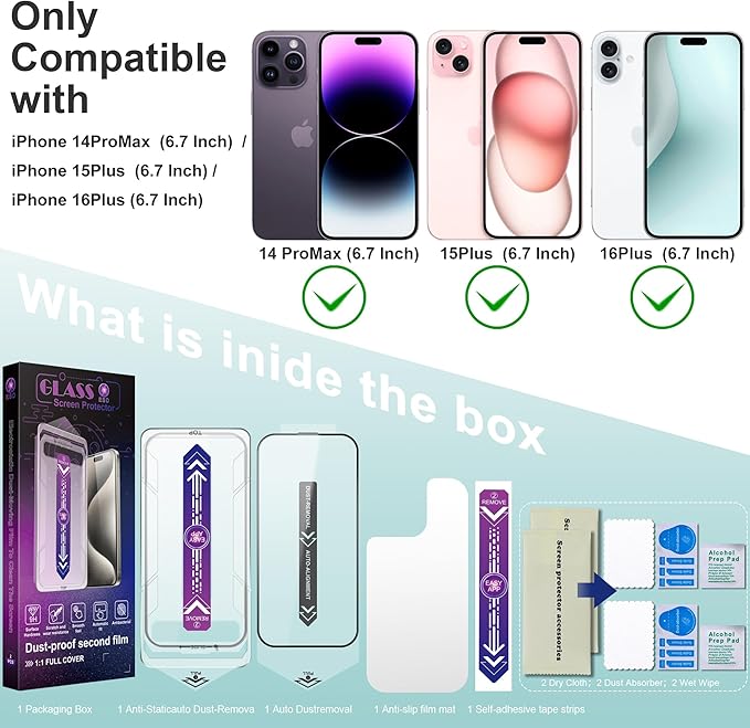 SHANG PIN JIA 2 Pack Screen Protector Tempered Glass for iPhone 16 Plus and iPhone15 Plus and iPhone 14 Pro Max 6.7-Inch Auto Dust Removal, No Bubbles, High Definition Clear, Easy Installation