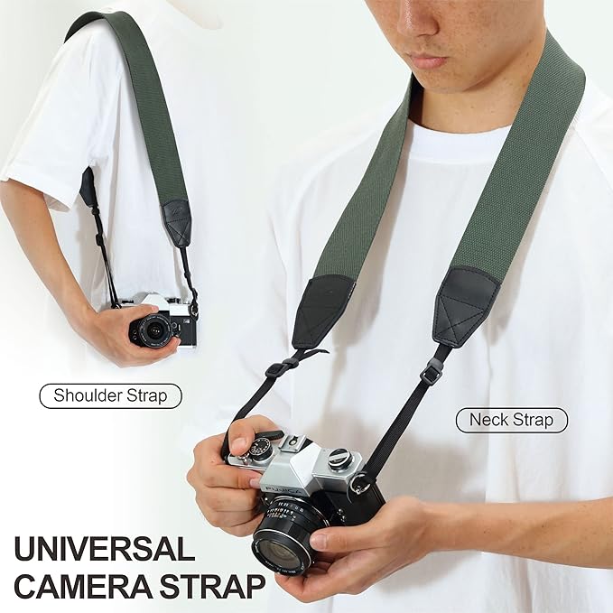 Padwa Lifestyle Dark Green Camera Strap - 2" Wide Cotton Woven Genuine Leather Head Camera Straps,Complimentary 2 Pcs Quick Release Clips for All DSLR/SLR Cameras, Binoculars and Drone Remote Control