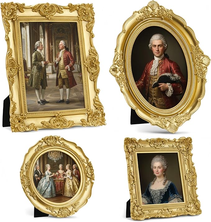 4 Pcs Vintage Picture Frames 5x7 4x6 4x4 inch Baroque Gold Resin Photo Frames with Glass Front Ornate Wall Hanging and Tabletop Display for Retro Home Decoration Wedding Gallery Hotel(Floral)