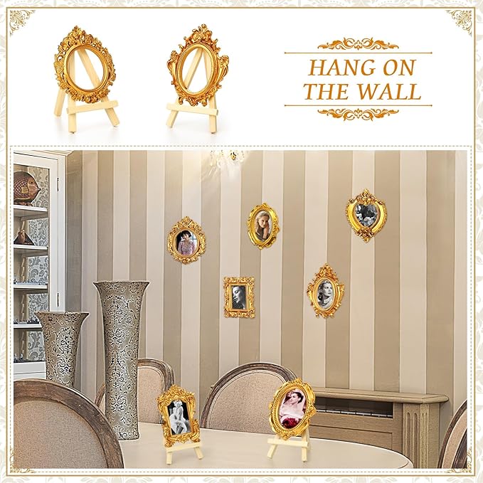 Remerry 10 Pcs Gold Vintage Picture Frame Antique Mini Frame Small Photo Display Miniature Tiny Resin Jewelry Display 4 Inch Wooden Stand for Home Wedding