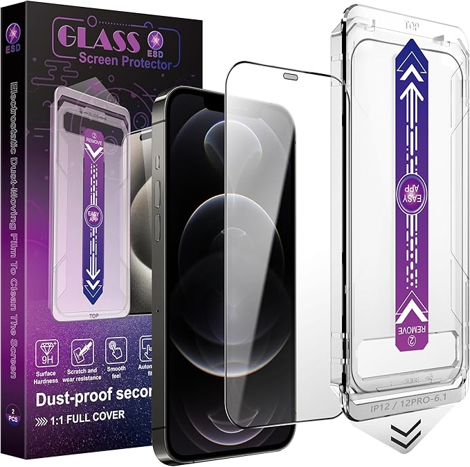 CHISHA 2-Pack Screen Protector Tempered Glass for iPhone 12 and iPhone 12 Pro 6.1-Inch, Auto Dust Removal, No Bubbles, High Definition Clear, Easy Installation