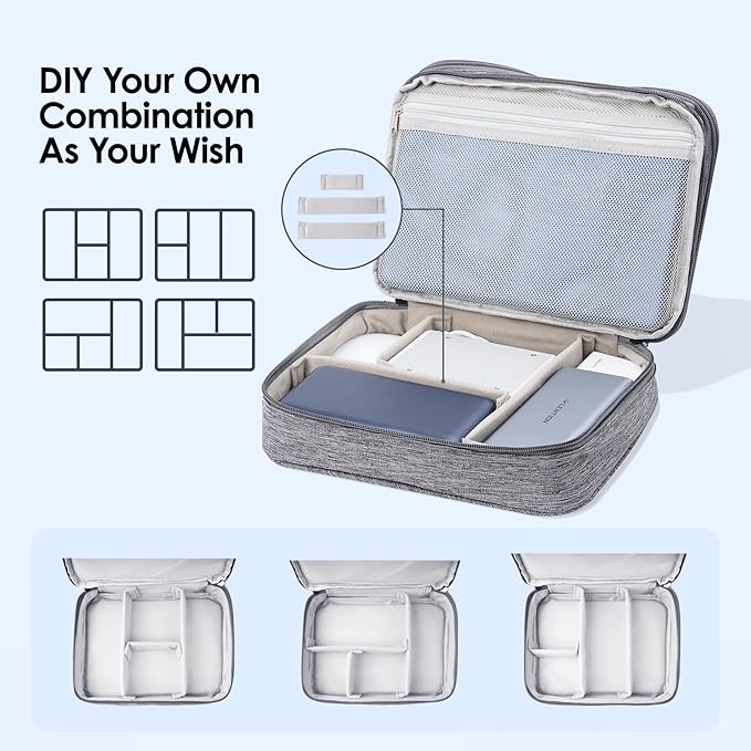 LENTION Waterproof Electronics Organizer Bag, Travel Storage Case with DIY Dividers for Cords, Charger, Power Bank, Earphones – Compact, Durable, Shockproof & Lightweight (Grey)