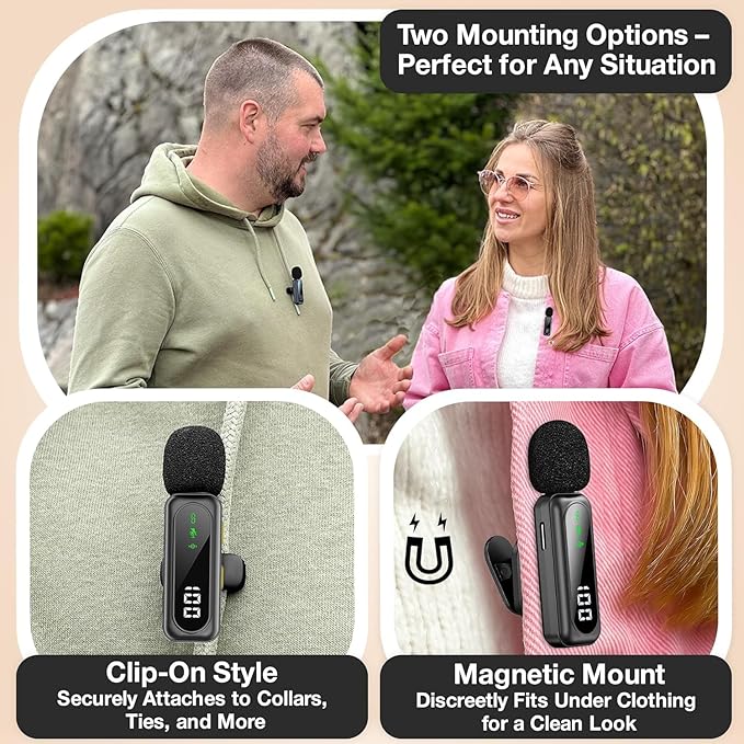 PowerDeWise Wireless Lavalier Microphone for iPhone, Android, DSLR – Dual Clip-on Mics with Magnetic Clip, Plug & Play, Noise Reduction