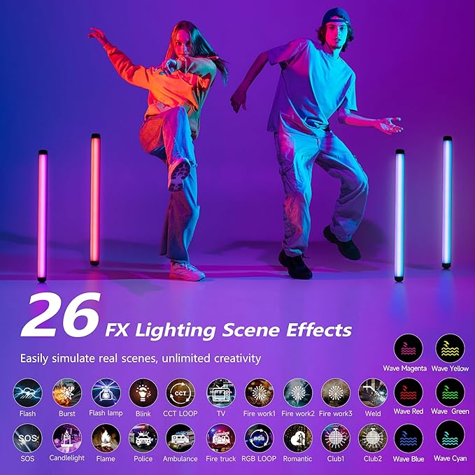 VILTROX K60 2 Pack RGB LED Video Light Stick with APP Control, Handheld 360° RGB Tube Light Wand for Photography, 2500K-8500K Dimmable, CRI97+,26 Light Scenes, LCD Display, 2200mAh Battery