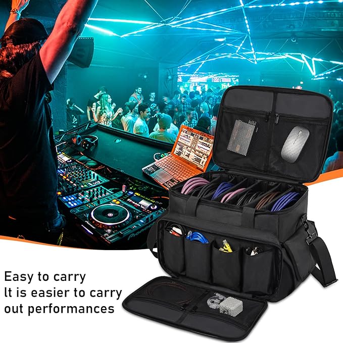 DJ Cable File Bag with 6 Detachable Dividers High Capacity Gig Cable Bag for Cords,DJ Gear,Sound Instrument and Accessories, Black