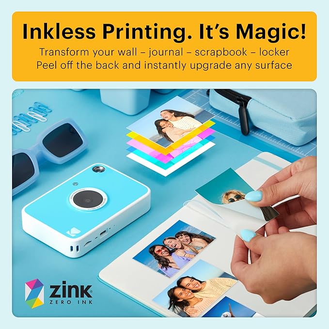 Kodak Printomatic+ Instant Print Digital Camera (Blue) 10MP Portable Camera with Interactive RGB LED Status Indicator, Prints Full-Color Photos on Zink 2x3” Sticky-Backed Photo Paper - Easy & Fun