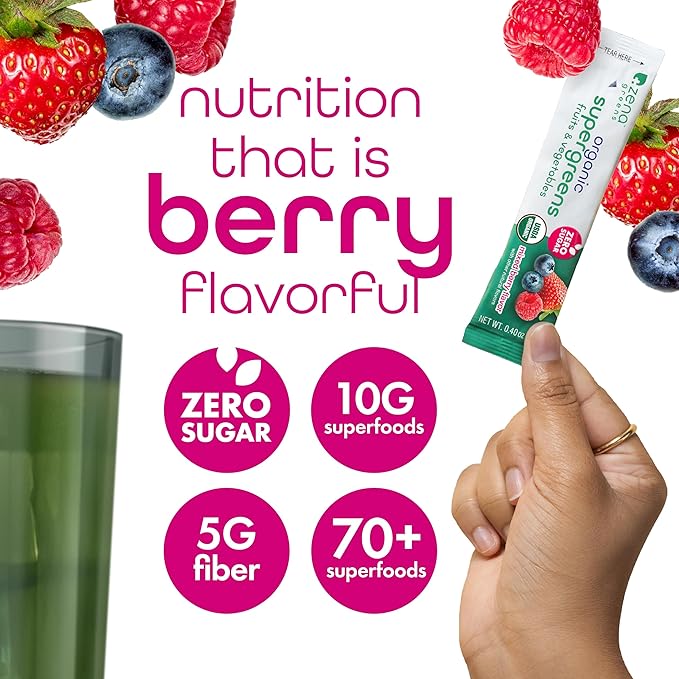 Zena Nutrition Organic Super Greens Powder, 70+ Superfoods, 0 Sugar, 5G Fiber, Spirulina, Chlorella, Antioxidants, Prebiotics/Probiotics, Digestive Enzymes, Mixed Berry, 45 Drink Mix Packets