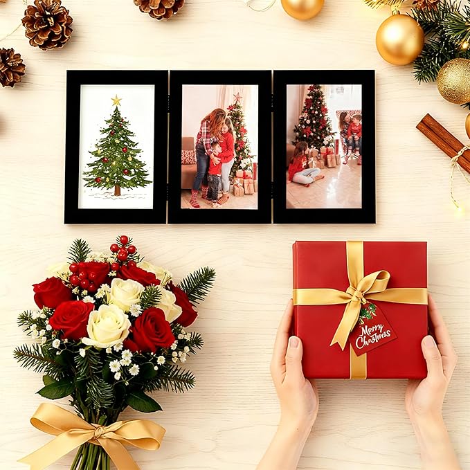 decorUhome Triple 4x4 Picture Frame Vertical, Engineered Wood Trifold Photo Frame with Plexiglass for Tabletop Display, 4x4, Silver