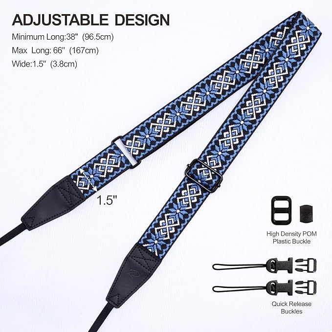 Padwa Lifestyle Adjustable Camera Strap - 1.5" Full Grain Leather Ends Camera Straps for Photographers, Adjustable Neck Shoulder & Crossbody Cotton Strap Quick Release for Cameras and Binoculars