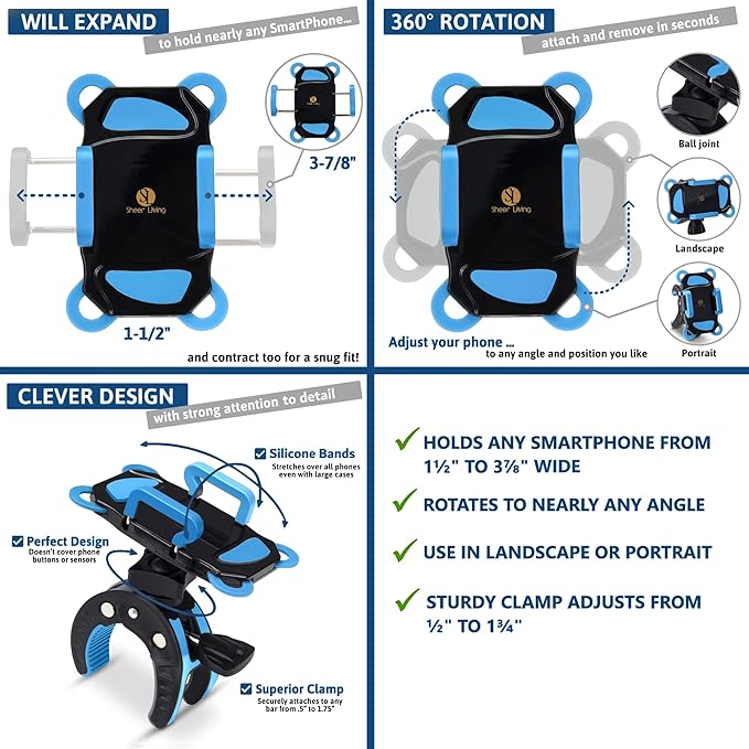 Baby Stroller Phone Holder, Shopping Cart, Golf Cart, Push Cart, Bike Phone Mount, for Motorcycle, Scooter, ATV, Boat, Spin Bike, Treadmill, Handlebar- Universal- iPhone, Cell Phone Clamp (Blue)