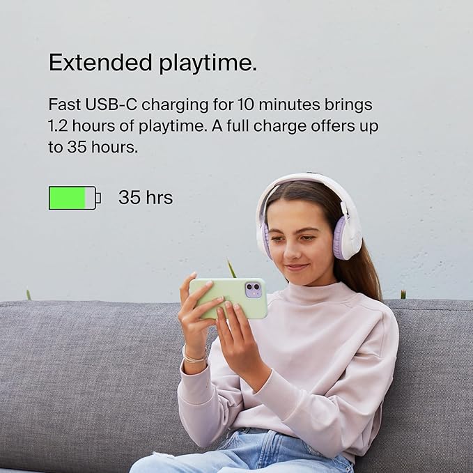Belkin SoundForm Inspire Wireless Over-Ear Headset for Kids, Online Learning & Travel w/Built-in Microphone, 85dB Safe Volume Limit, 35H Battery - Compatible w/iPhone, iPad, Galaxy & More - Lavender