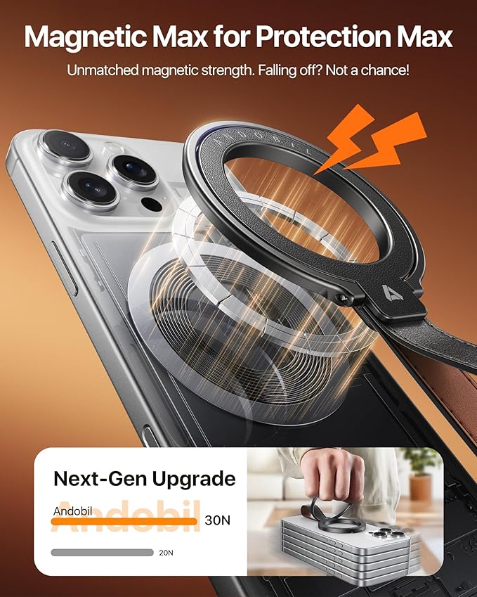 andobil [2025 Premium Leather] Magnetic Phone Grip for MagSafe [Longest Durable] Adjustable Phone Ring Kickstand with Leather Loop Compatible with MagSafe Accessories&iPhone 17/Air/16/15 Pro Max Black