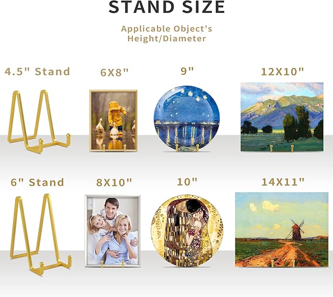 Metal Square Wire Plate Stands for Display - 4.5 Inch Holder + Picture Frame Stand Easel for Book, Decorative Plate, Plaque, Photo, Platter (Gold 2 Pack)