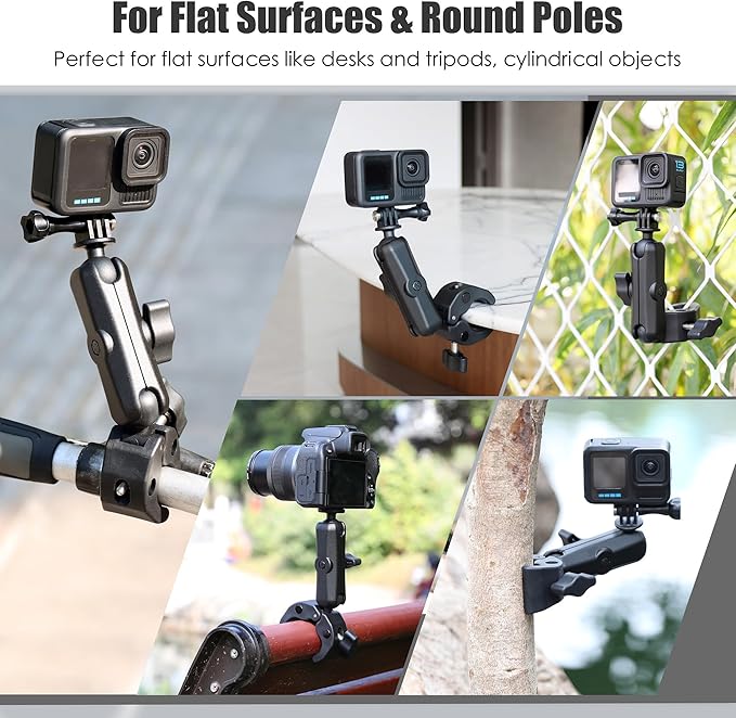Super Clamp Camera Mount with 360° Ball Head & Phone Holder, Aluminum Magic Arm Camera Clamp Mount for GoPro/Insta360/DJI OSMO/AKASO/DSLR/Smartphone