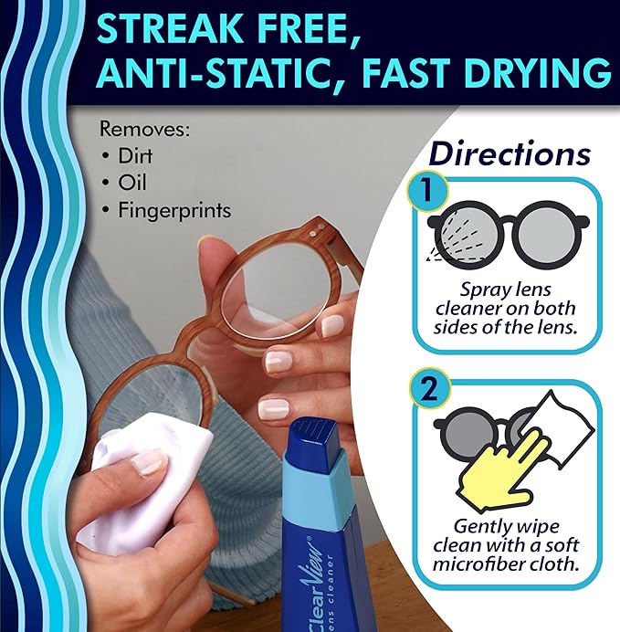 Clear View Lens Cleaner Kit | 2 x 8oz Bottles, 1 Travel Spray (1oz), 3 Premium Microfiber Cloths | Safe for All Lenses, Coatings & Screens