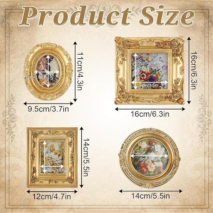 4 PCS Gold Vintage Photo Frame, Small Gold Picture Frames, Mini Ornate Frames, Vintage Picture Frame with Stand for Tabletop Display Christmas DIY Photo-5.5" X 4.7",5.5",3.7" X 4.3",6.3"