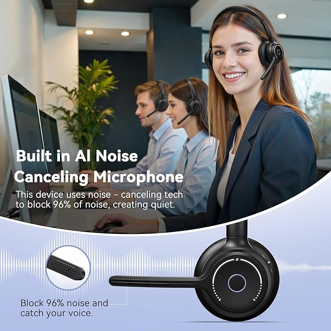 (2026 Upgraded) Wireless Headset with Mic for Work, Bluetooth Headset with Noise Canceling Microphone, Wireless Headphones with Mic and USB Dongle and Mute, Fit for Computer/PC/Teams